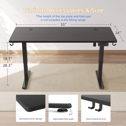 YIHAYO Low Height Adjustable Desk, Lifts 18.1-28.3 Inches, Electric Standing Desk for Short People, 55 x 24 Inches Computer Table with Splice Board for Home Office, Black