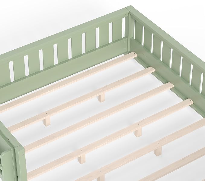 Bellemave Queen Size Floor Bed with Slats and Safety Guardrail, Queen Size Montessori Floor Bed with Fence and Built-in Bookshelf, Easy Assemble Montessori Beds for Girls, Boys, Avocado Green