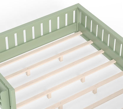 Bellemave Queen Size Floor Bed with Slats and Safety Guardrail, Queen Size Montessori Floor Bed with Fence and Built-in Bookshelf, Easy Assemble Montessori Beds for Girls, Boys, Avocado Green