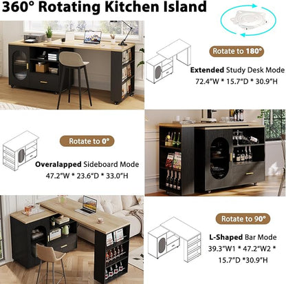 HSH 72" Rolling Kitchen Island with Seating, 360° Swivel Table, Kitchen Island with Storage Cabinet, Drawer & Shelves, Farmhouse Mobile Island Cart on Wheels for Dining Room & Home Bar, Black Oak