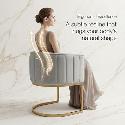 Hyfirm Gray and Gold Modern Barrel Dining Room Chairs Set of 6, Velvet Upholstered Accent Chairs with Curved Back for Kitchen Island, Luxury Comfort Seating Cantilever Metal Frame