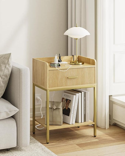 Nightstand with Charging Station, 3-Tier Bed Side Table, Small End Table, Night Standwith Open Shelf and Drawer, Bedside Table for Bedroom, Living Room, Oak