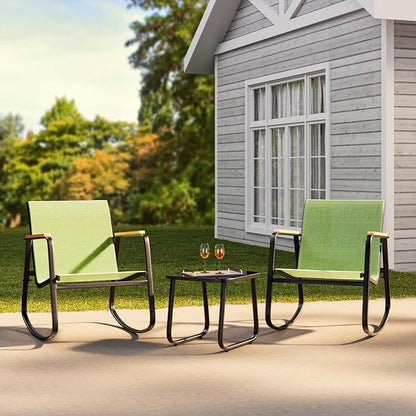 Ahomly 3 Pieces Patio Furniture Set Textilene Fabric Outdoor Patio Rocking Bistro Set with Wooden Armrests and Coffee Table for Lawn, Porch, Balcony, Poolside, Green