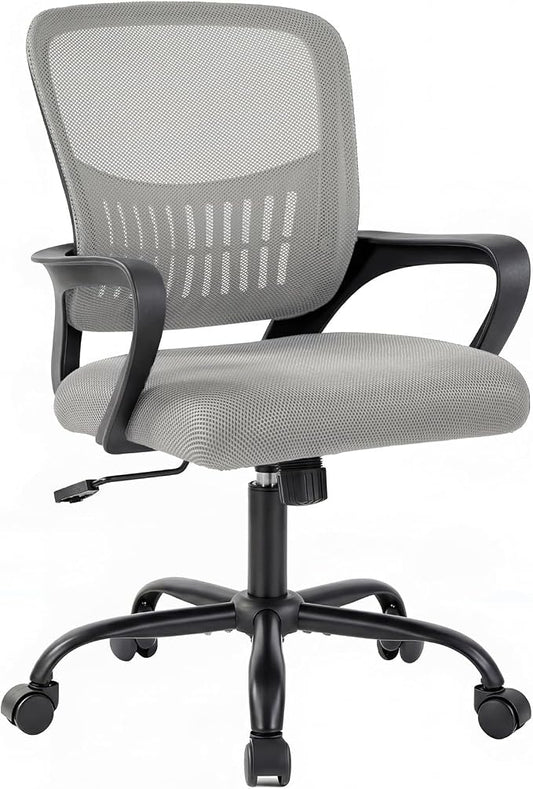 DUMOS Home Office Chair - Ergonomic Mid Back Mesh Desk Chair with Lumbar Support & Rocking Mode, Height Adjustable, Fixed Armrest, for Conference, Computer, 360° Swivel, Adults, Grey