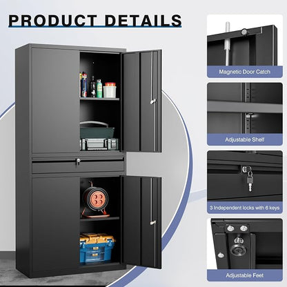Metal Storage Cabinet with Drawer, Garage Storage Cabinet with Locking Doors and Adjustable Shelves,Tool Steel Cabinet for Garage, Home Office,Warehouse (Black)