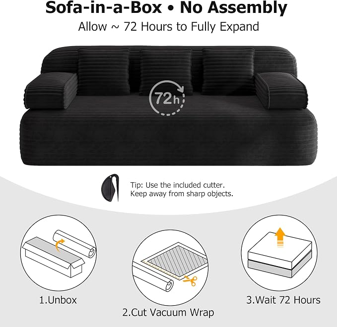 Convertible Sofa Bed, 78.7" Frameless Floor Sofa-in-a-Box, Corduroy Boneless Couch for Small Space Apartments, Queen Sleeper Sofa for Everyday Use, 3 Pillows Included, No Assembly (Black)