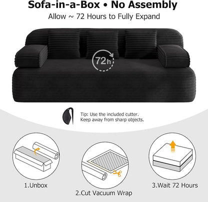Convertible Sofa Bed, 78.7" Frameless Floor Sofa-in-a-Box, Corduroy Boneless Couch for Small Space Apartments, Queen Sleeper Sofa for Everyday Use, 3 Pillows Included, No Assembly (Black)