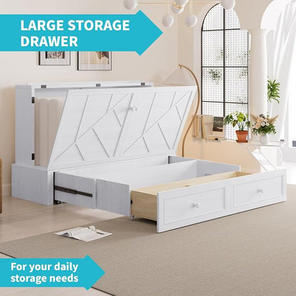 CECER White Murphy Bed Cabinet with Mattress, Space-Saving Folding Bed