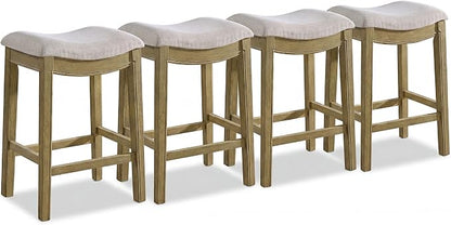 ROME + OAK Set of 4 Parker 26 Inch Counter Stool, Backless Saddle Kitchen Barstool in Natural Finish with Cream Fabric Upholstery Cushion Seat