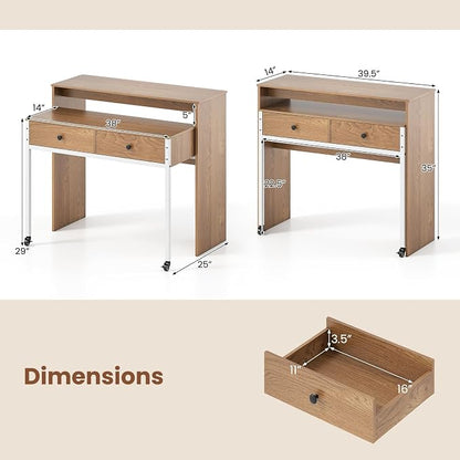 Giantex Small Computer Desk with Hutch & Drawers, Extendable Writing Desk w/Pull Out Secondary Table, Monitor Stand & Rolling Wheels, Console Table, Compact Desk for Small Spaces (Natural)