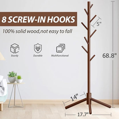 Unisakey Durable Wooden Coat Rack, Freestanding Coat Rack with Stable Triangular Base, 8 Hooks & 3 Adjustable Heights, Simple Assembly for Bedroom, Hallway, Office(New Brown)