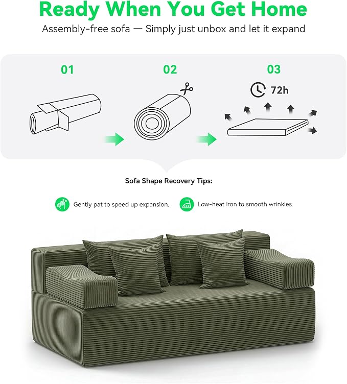 MONVANE 3-Piece Boneless Loveseat Couch Set for Living Room, Oversized Modular Sectional Sofa Set with Removable Armrests, Comfy Corduroy Cloud Couch with 12 Pillows, No Assembly Required, Green
