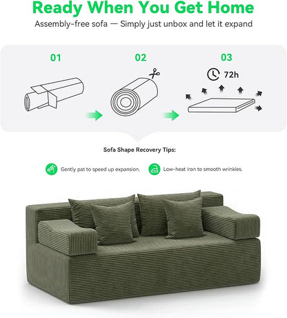 MONVANE 3-Piece Boneless Loveseat Couch Set for Living Room, Oversized Modular Sectional Sofa Set with Removable Armrests, Comfy Corduroy Cloud Couch with 12 Pillows, No Assembly Required, Green