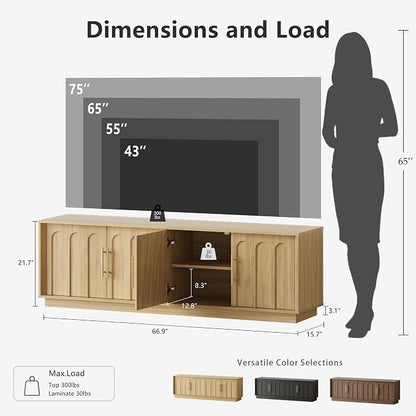 FORTUNETEC TV Stand for 75 Inch TV, Mid Century Modern TV Stand with Arched Design, Wood Grain Finish, Boho Media Console with Adjustable Shelves, 67" Entertainment Center for Living Room Bedroom, Oak