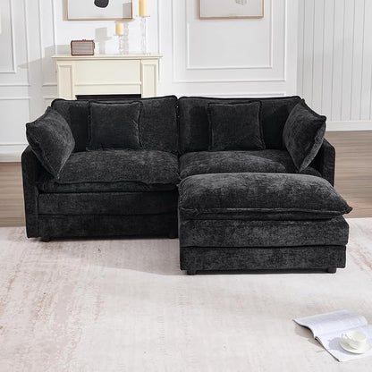 76.7" Modular Sectional Sofa with Ottoman, Modern L Shaped Sectional Couch, Comfy Cloud Couch for Living Room, Loveseat Chenille Deep Seat Sofa with Pillow for Bedroom Apartment, Small Spaces, Black