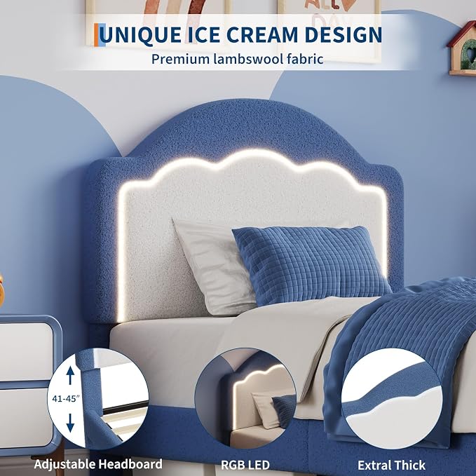 IDEALHOUSE Twin Bed Frame with LED Headboard, Boucle Fabric Upholstered Platform Bed with LED Light for Kids, Girls, Wooden Slats Support, No Box Spring Needed, Blue
