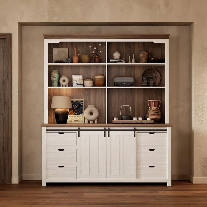 Bobve 78 * 67" Large Farmhouse Pantry Cabinet Set of 2, Buffet Cabinet,Tall Kitchen Storage Cabinets with Partitions and 6 Drawers, Suitable for Kitchens, Dining Rooms, Coffee Bar