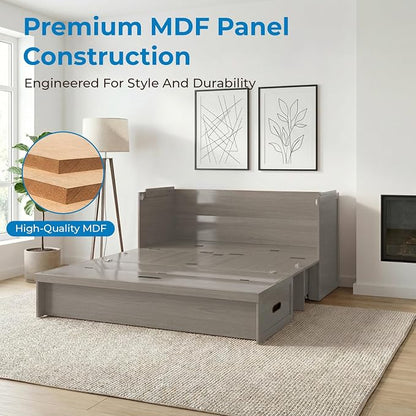 Mjkone Queen Size Murphy Cabinet Bed with Mattress Include, Queen Cube Cabinet Bed with Storage Drawer, Modern Murphy Beds with USB Charging Station for Guest Room Living Room Apartment, Grey