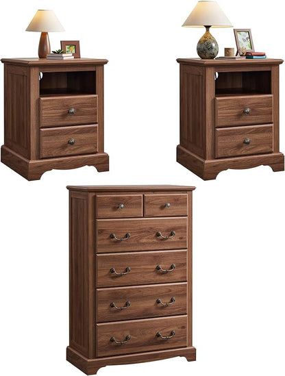 T4TREAM Farmhouse Dresser and Nightstand Sets of 3, 48" Tall 6 Drawers Dresser & 2-Drawer Nightstands Set, Wood Bedroom Furniture Set for Home, Hallway, Bedroom, Light Walnut