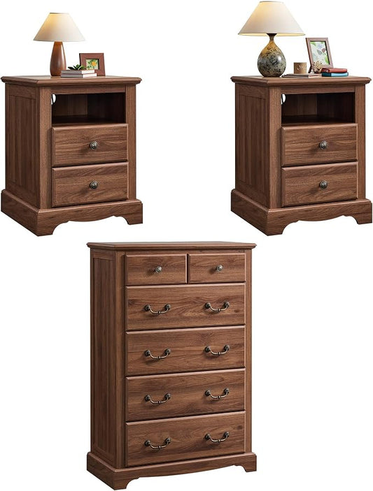 T4TREAM Farmhouse Dresser and Nightstand Sets of 3, 48" Tall 6 Drawers Dresser & 2-Drawer Nightstands Set, Wood Bedroom Furniture Set for Home, Hallway, Bedroom, Light Walnut
