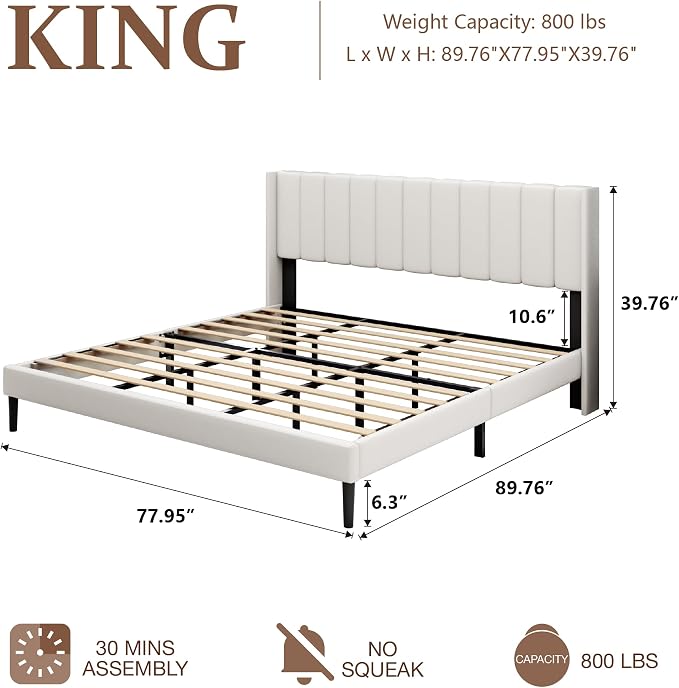Sismplly King Size Bed Frame and Headboard,Vertical Channel Tufted Wingback No Box Spring Needed, Mattress Foundation, Easy Assembly White
