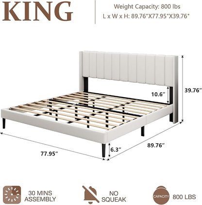 Sismplly King Size Bed Frame and Headboard,Vertical Channel Tufted Wingback No Box Spring Needed, Mattress Foundation, Easy Assembly White