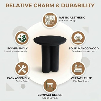Relso Gaia Round End Table for Living Room and Bedroom, Solid Mango Wood Side Table or Nightstand, Black Finish, Compact Rustic Design, Boho Modern Farmhouse Style