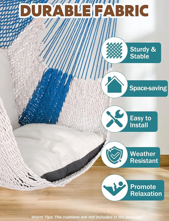 Chihee Handwoven Cotton Hammock Chair Large Hanging Rope Chair 7.9ft with Detachable Strong Metal Spreader Bar, Breathable Net Swing Seat Color Blocking, Portable with Carry Bag, Indoor Outdoor Use