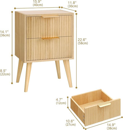 YAUKOMEL Fluted Nightstand,Small Bedside Table,Natural Wood Night Stand,Light Wood Side Table with Solid Wood Legs,End Table for Bedroom,Small Space 11.8" D x 15.7" W x 22.8" H Natural CTG55Y