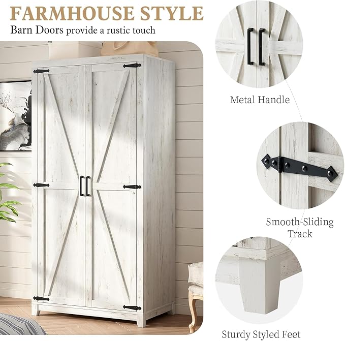 LUXOAK 70" Large Armoire Wardrobe Closet Set of 2 with Hanging Rod, Farmhouse Clothing Storage Cabinet with 2 Barn Doors, Wooden Tall Bedroom Armoires with Shelf, Distressed White