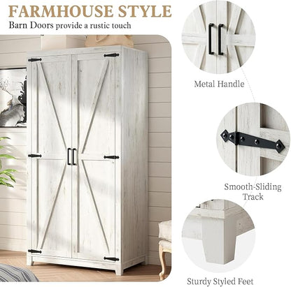 LUXOAK 70" Large Armoire Wardrobe Closet Set of 2 with Hanging Rod, Farmhouse Clothing Storage Cabinet with 2 Barn Doors, Wooden Tall Bedroom Armoires with Shelf, Distressed White