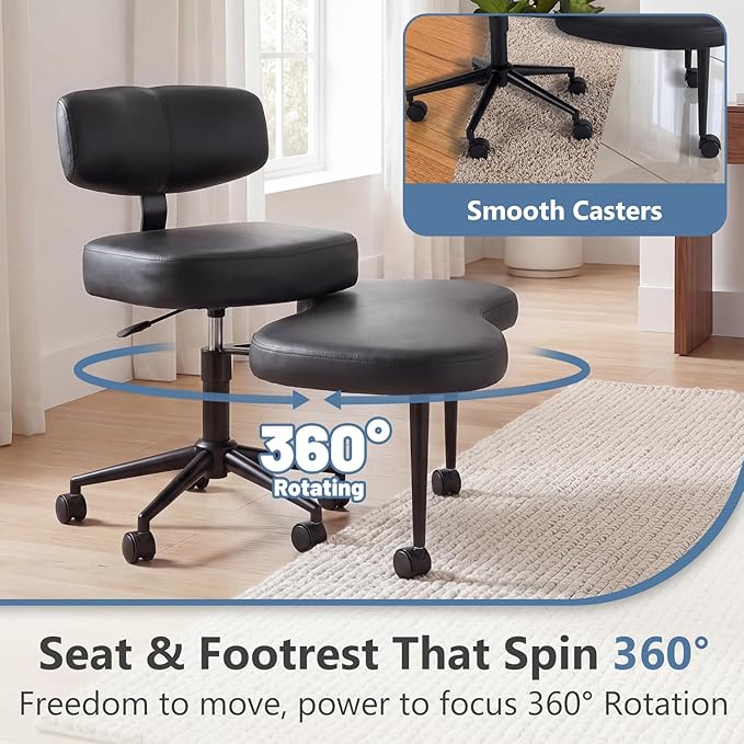 DUMOS Ergonomic ADHD Cross Legged Office Desk Chair with Adjustable Backrest, Height Adjustable Meditation Chair with 360° Swivel Footstool, PU Leather Yoga Stool for Home Office, Black