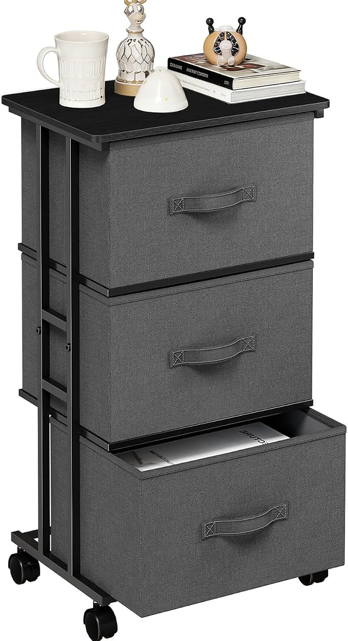 3 Drawers Dresser with Wheels, Storage Organizer with Removable Fabric Bins and Steel Frame, Small Nightstand Dresser for Bedroom, Office, Entryway, Ash Gray