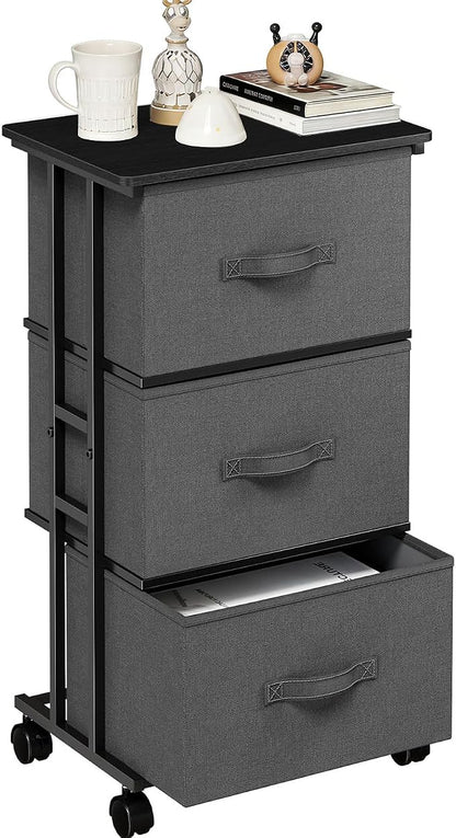 3 Drawers Dresser with Wheels, Storage Organizer with Removable Fabric Bins and Steel Frame, Small Nightstand Dresser for Bedroom, Office, Entryway, Ash Gray