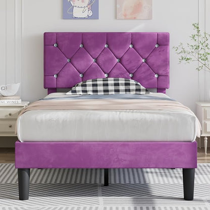 VECELO Twin Size Bed Frame with Diamond Tufted Headboard, Upholstered Platform Bedframe with Wood Slat Support, No Box Spring Needed, Velvet & Purple