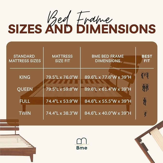 Bme Caden Queen Bed Frame and Adjustable Headboard, 15 Inch Mid Century Retro Style - Solid Acacia Wood - No Box Spring Needed - 12 Strong Wood Slat Support - Easy Assembly - Dark Chocolate