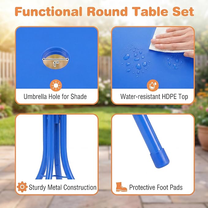 HONEY JOY Kids Picnic Table, Animal Themed Toddler Outdoor Table and Chair Set, 2 Folding Chairs & Removable Umbrella, Children Outdoor Furniture for Backyard Patio Garden (Blue Shark)