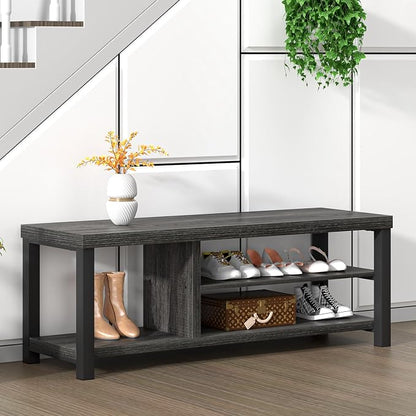 FOLUBAN Entryway Bench with Shoe Storage, Vintage End of Bed Bench, Rustic Wooden Entry Bench for Hallway Front Door Entrance, Industrial Indoor Bench for Bedroom Living Room, Dark Gray, 47 Inch