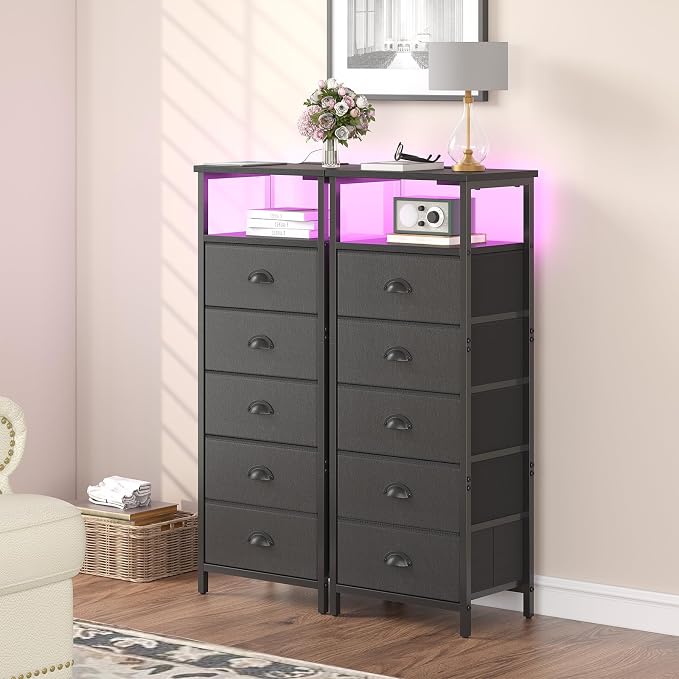 sthmec Nightstand with Charging Station,LED Black Nightstands with 5 Fabric Drawers PU Finish, Bedside End Tables, 2-Tier Open Storage Shelf Side Table Nightstand with Drawers for Bedroom, Black