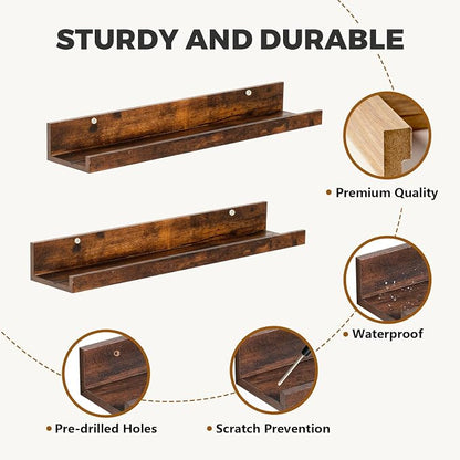 Muzilife 24" Small Floating Wall Ledge Shelves with Lip - Set of 2 Wood Floating Shelves - Walnut Brown Wall Mounted Picture Ledge for Office, Bathroom, Bedroom, Living Room, Kitchen