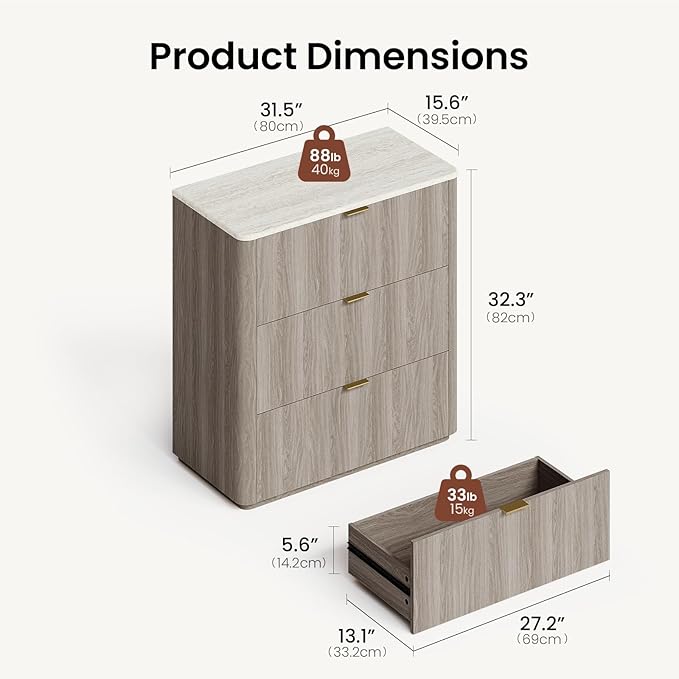 ModernMate 3 Drawer Dresser with Curved Profile & Faux Travertine Texture, 31.5" Large Nightstand Anti-Tip Chest of Drawers for Bedroom, Living Room, Wood Grain Gray