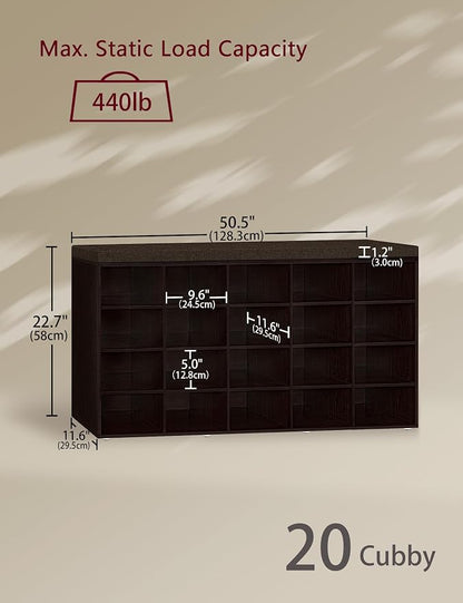 DINZI LVJ Shoe Storage Bench, 20-Cubby Shoe Rack Bench with Cushion, Fully Adjustable Shelves, Shoe Organizer for Closet, Entryway, Mudroom, Hallway and Garage, Espresso