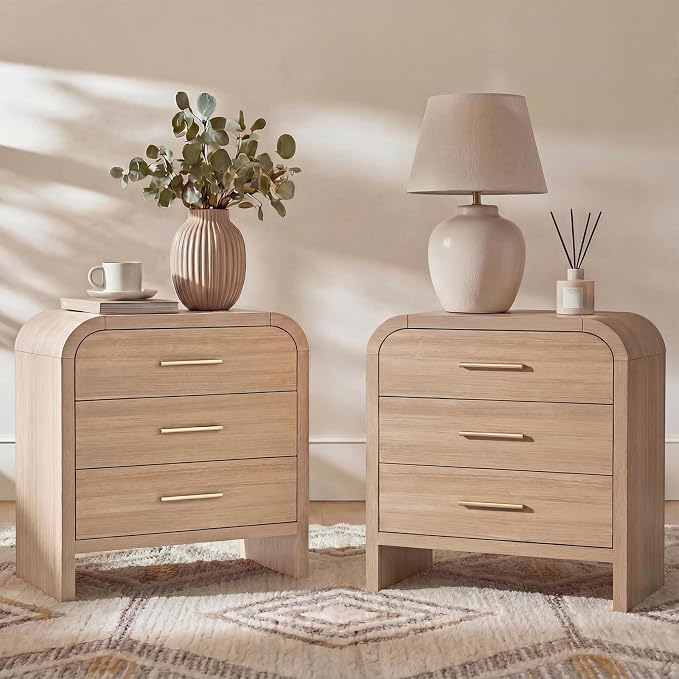 Night Stand Set of 2 [Unique Curved Profile] [FSC-Certified Wooden Board] 3-Drawer Nightstand 26.7" H Metal Handle Modern Sturdy Bedside Table Side Table End Table