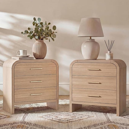 Night Stand Set of 2 [Unique Curved Profile] [FSC-Certified Wooden Board] 3-Drawer Nightstand 26.7" H Metal Handle Modern Sturdy Bedside Table Side Table End Table