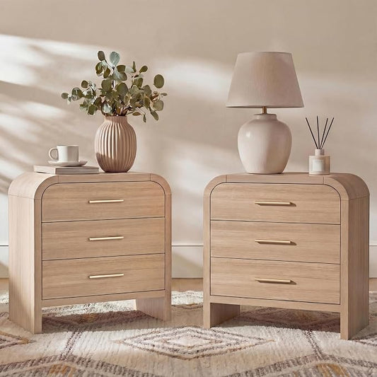 Night Stand Set of 2 [Unique Curved Profile] [FSC-Certified Wooden Board] 3-Drawer Nightstand 26.7" H Metal Handle Modern Sturdy Bedside Table Side Table End Table