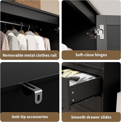 GarveeHome Armoire Wardrobe Closet with 3 Drawers, 69.5" Wooden Wardrobe Cabinet, Hanging Rod, 2 Doors Clothing Storage Cabinet for Bedroom, Large Capacity Storage, Louvered Door, Black