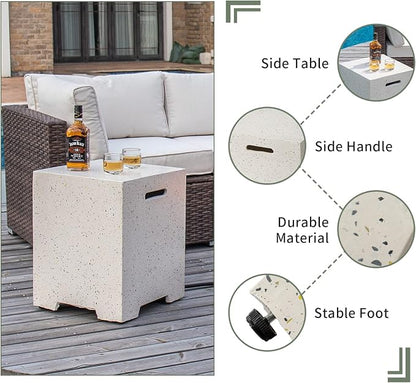 COSIEST 2-Piece Outdoor Propane Fire Pit Table Set w Tank Table, 28" Terrazzo Round Fire Table (Certified, 40,000 BTU) w 16" Tank Cover Side Table 20lb, Wind Guard, Rain Cover for Garden, Pool