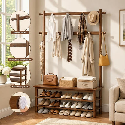 Hall Tree with Shoe Storage Bench, 3-in-1 Entryway Coat Rack with Bench, 11 Hooks, Freestanding Wooden Entryway Organizer for Mudroom, 35" Long