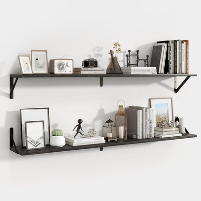 Axeman 48 Inch Black Floating Bookshelf Set of 2 | 8 Inch Deep Floating Shelves for Wall, Rustic Black Wood Shelves for Living Room Home Office Bathroom Bedroom