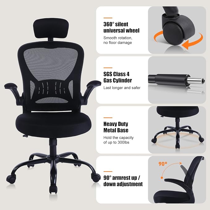 ralex-chair Ergonomic Office Chair with Adjustable Headrest & Lumbar Support, Computer Desk Chair with Flip-Up Armrests, Comfortable for Home, Office, Conference Room